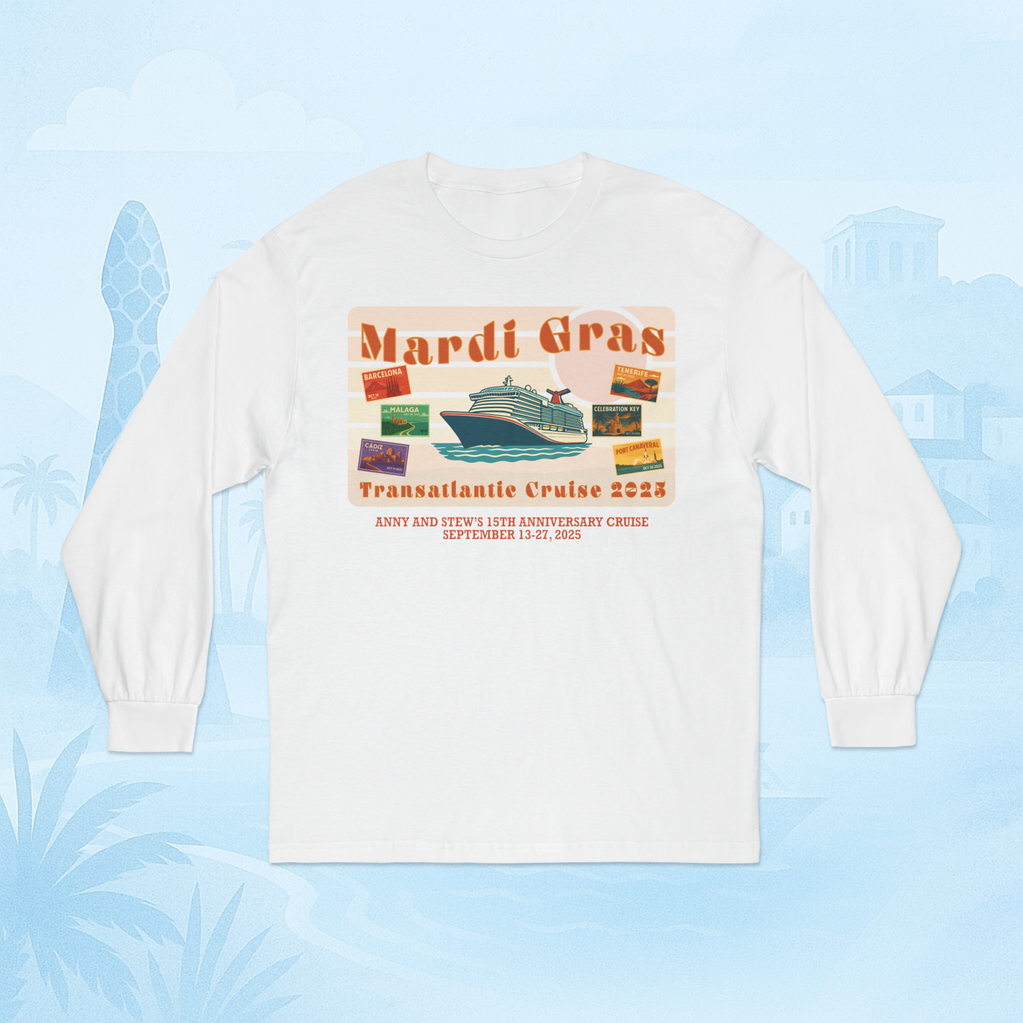 Mardi Gras Transatlantic Longsleeve Tee – Barcelona to Port Canaveral (Oct 16–30, 2025)
