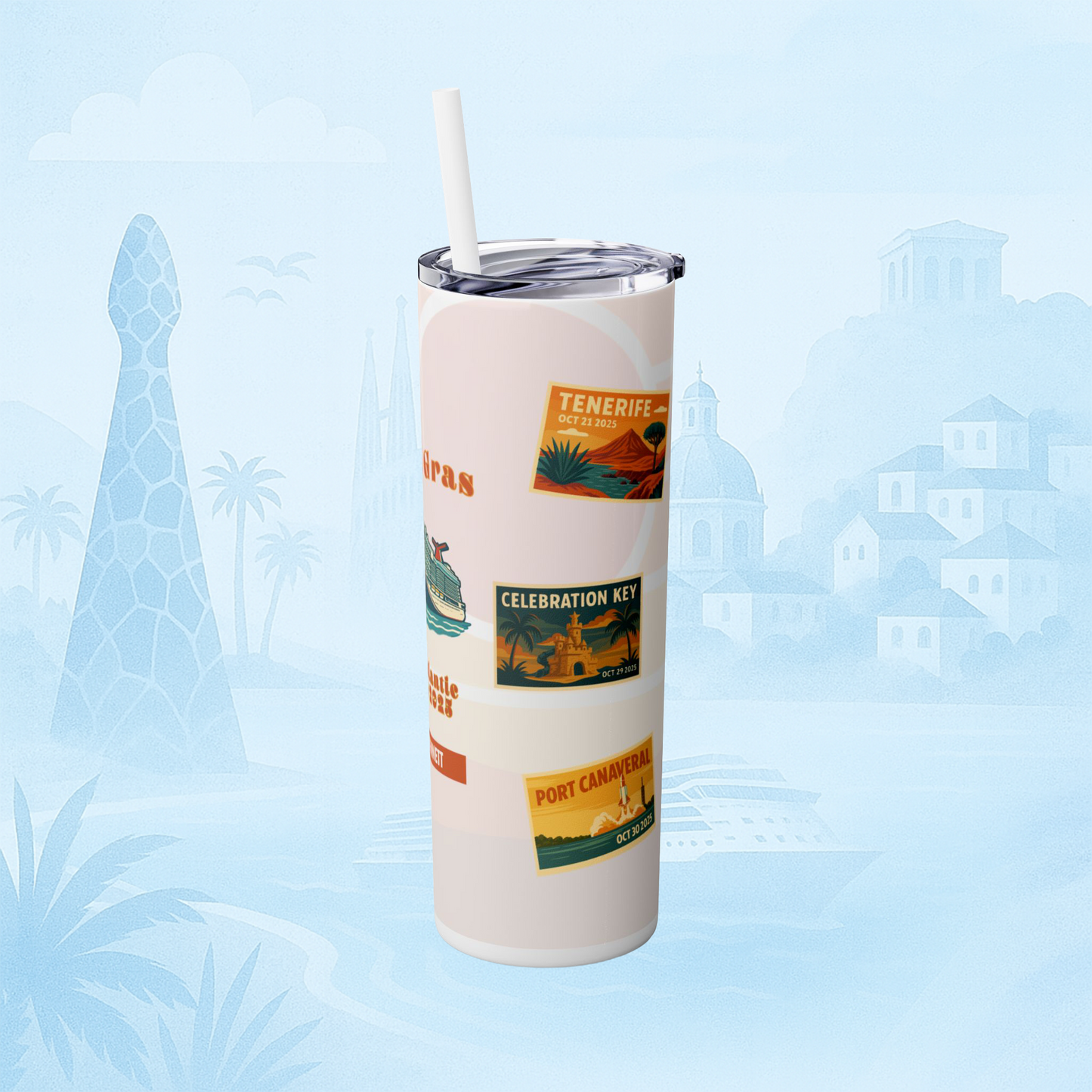 Mardi Gras Transatlantic Skinny Tumbler – Barcelona to Port Canaveral (October 16–30, 2025)