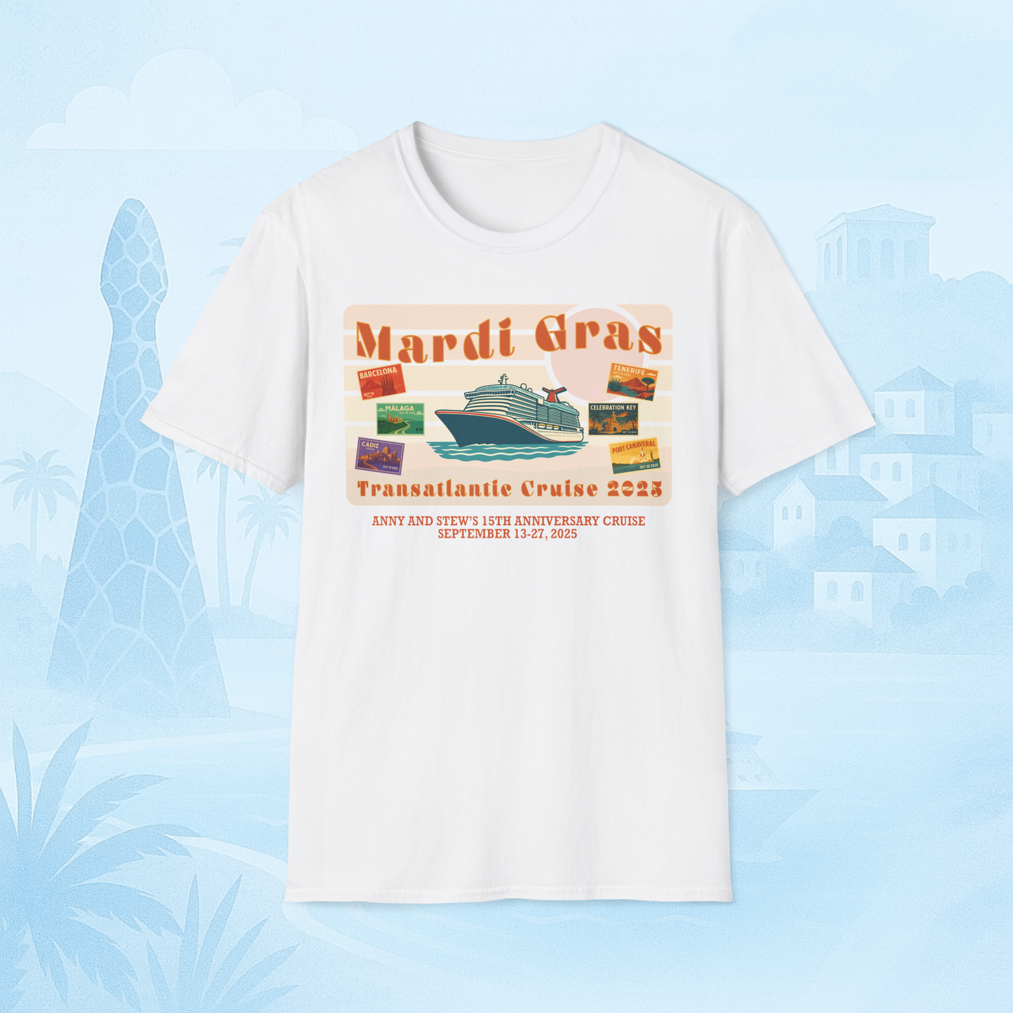 Mardi Gras Transatlantic Tee – Barcelona to Port Canaveral (Oct 16–30, 2025)