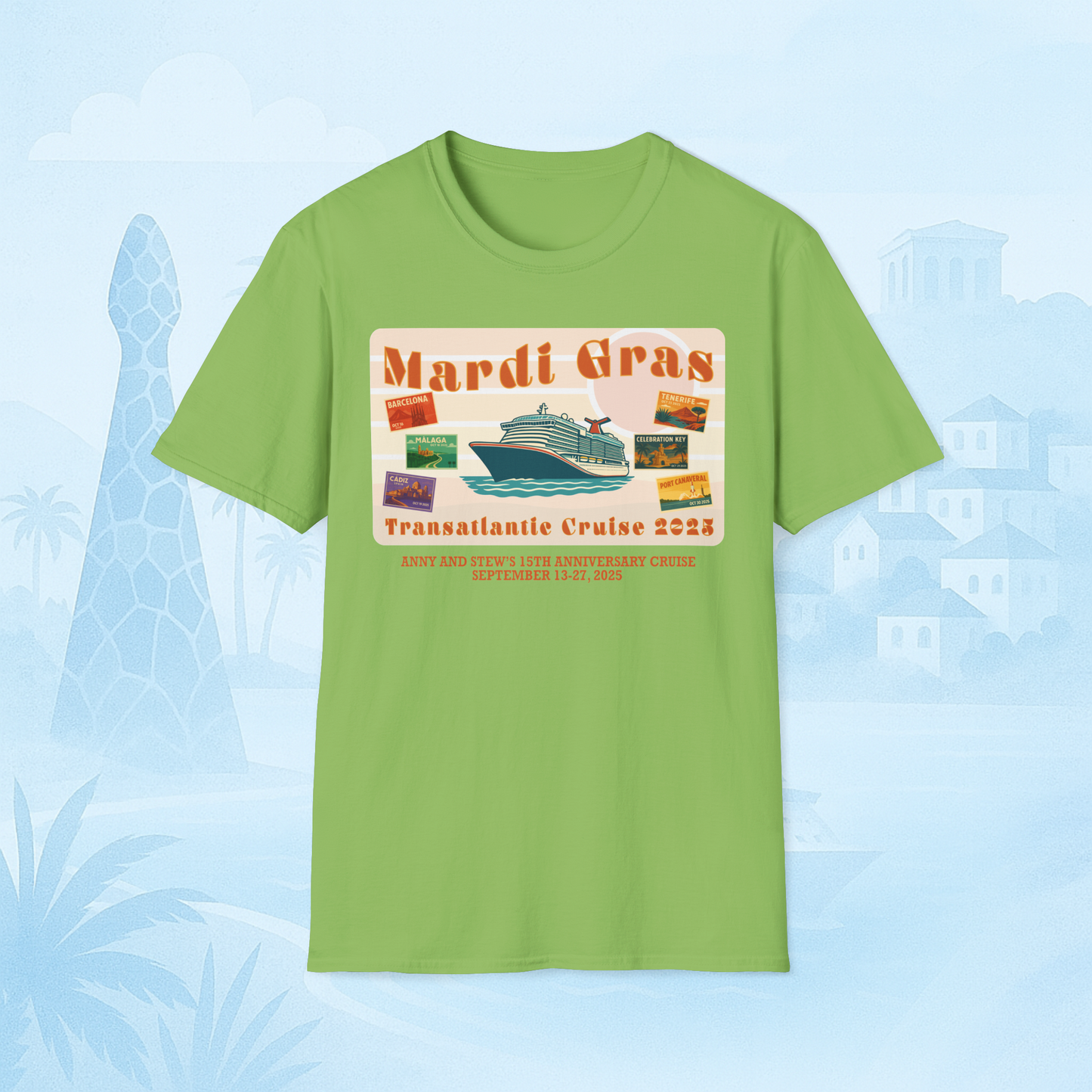 Mardi Gras Transatlantic Tee – Barcelona to Port Canaveral (Oct 16–30, 2025)