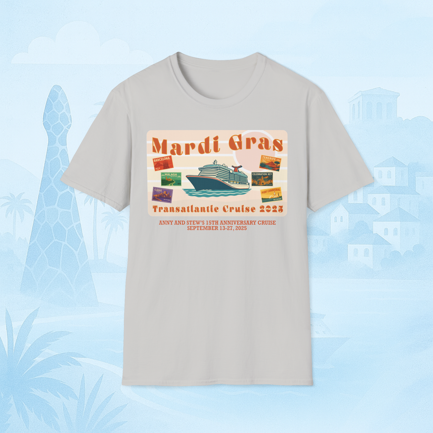 Mardi Gras Transatlantic Tee – Barcelona to Port Canaveral (Oct 16–30, 2025)