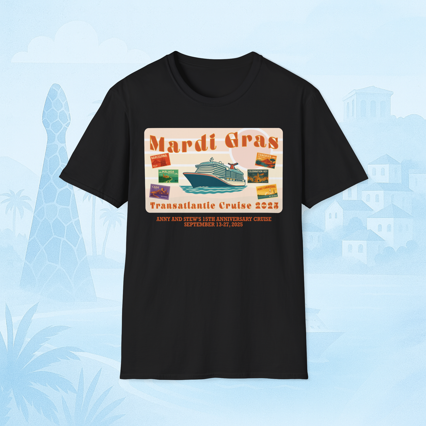Mardi Gras Transatlantic Tee – Barcelona to Port Canaveral (Oct 16–30, 2025)
