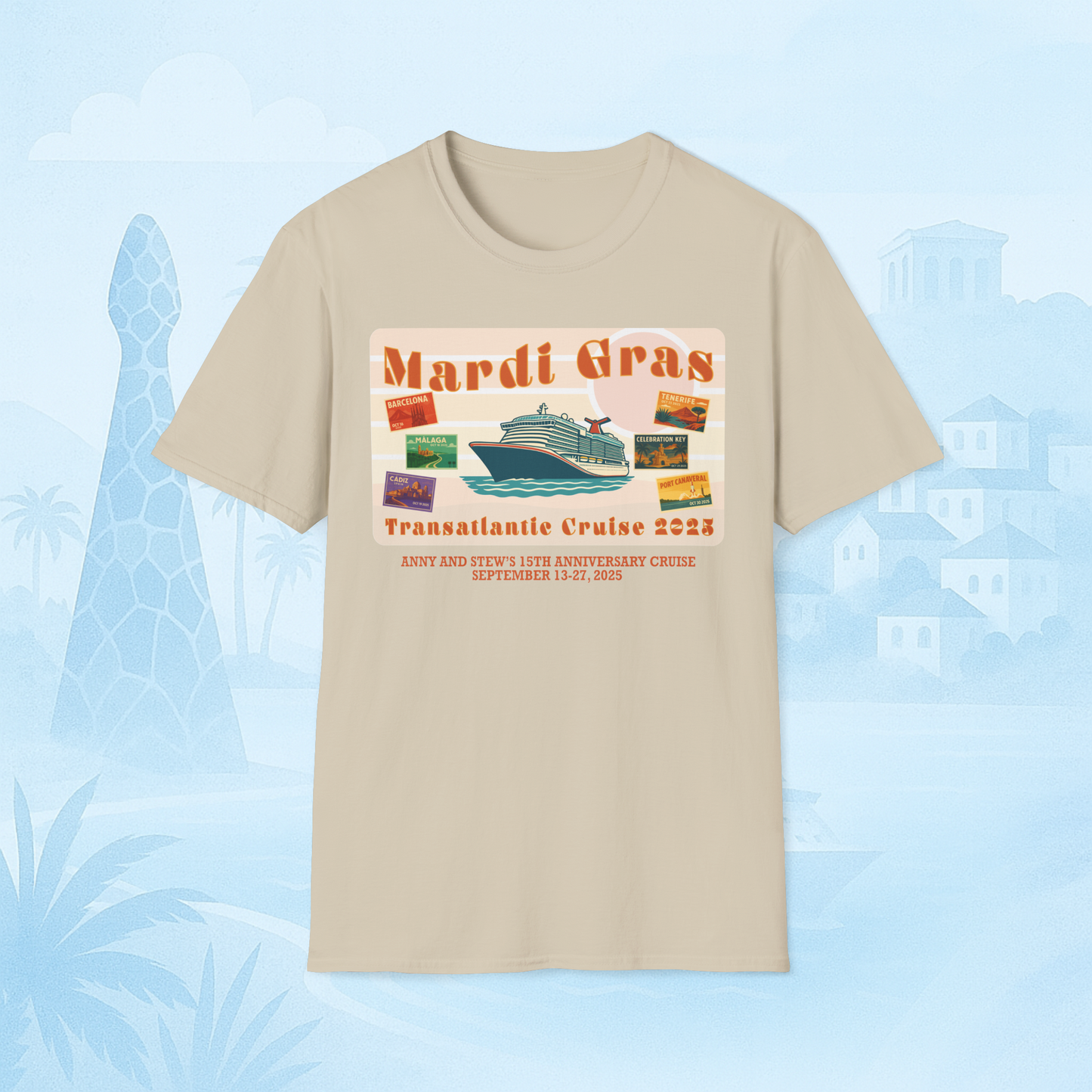 Mardi Gras Transatlantic Tee – Barcelona to Port Canaveral (Oct 16–30, 2025)