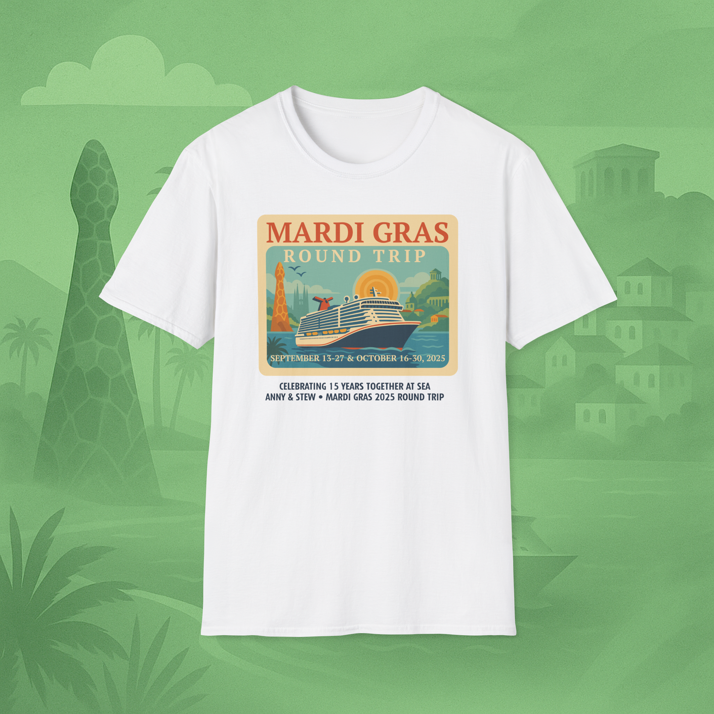Mardi Gras Transatlantic Tee – Roundtrip (Sep 13–27 & Oct 16–30, 2025)