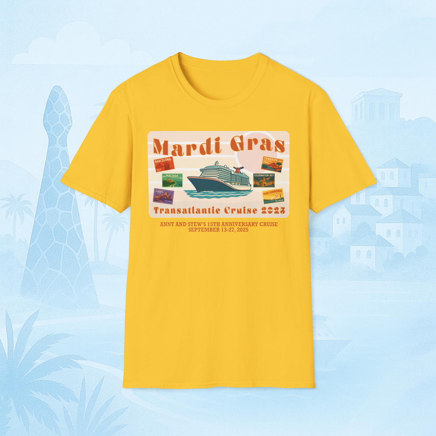 Mardi Gras Transatlantic Tee – Barcelona to Port Canaveral (Oct 16–30, 2025)
