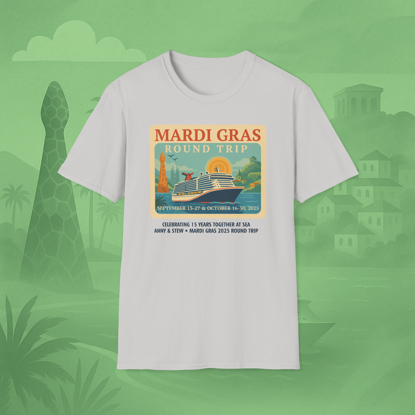 Mardi Gras Transatlantic Tee – Roundtrip (Sep 13–27 & Oct 16–30, 2025)