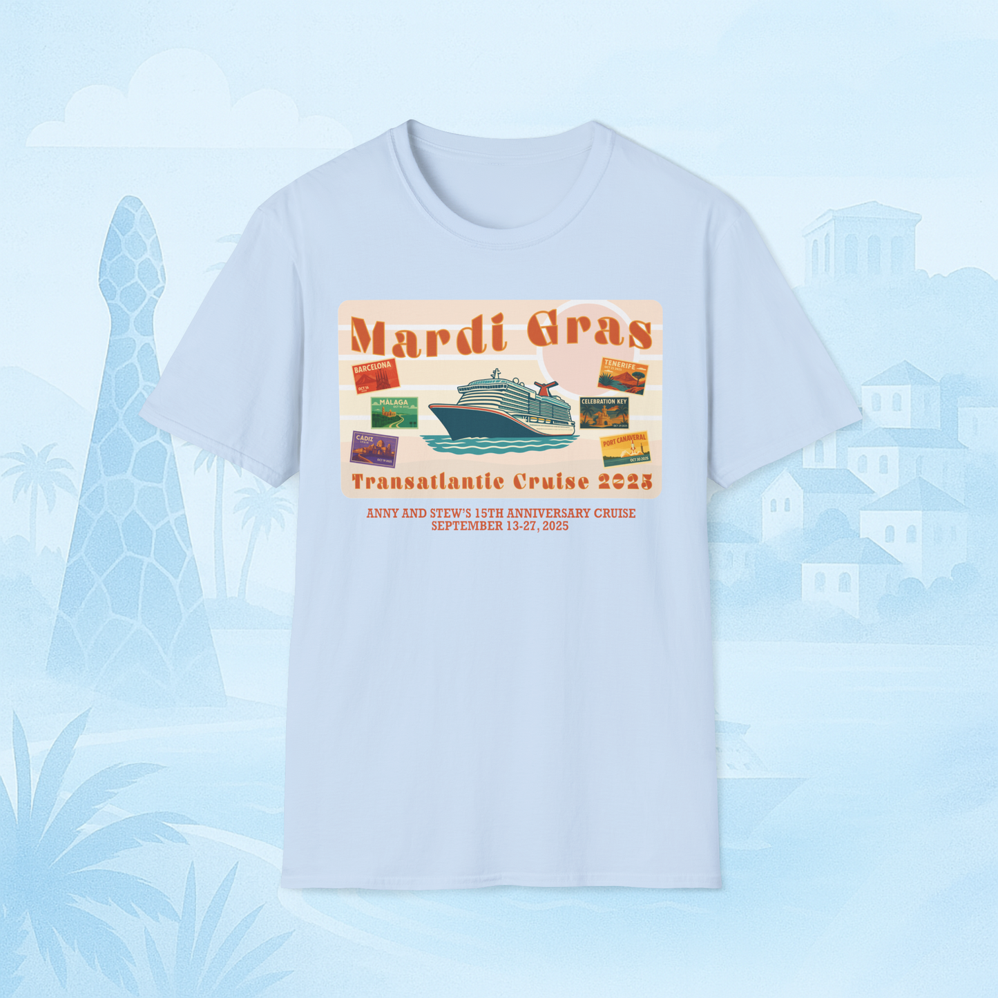 Mardi Gras Transatlantic Tee – Barcelona to Port Canaveral (Oct 16–30, 2025)