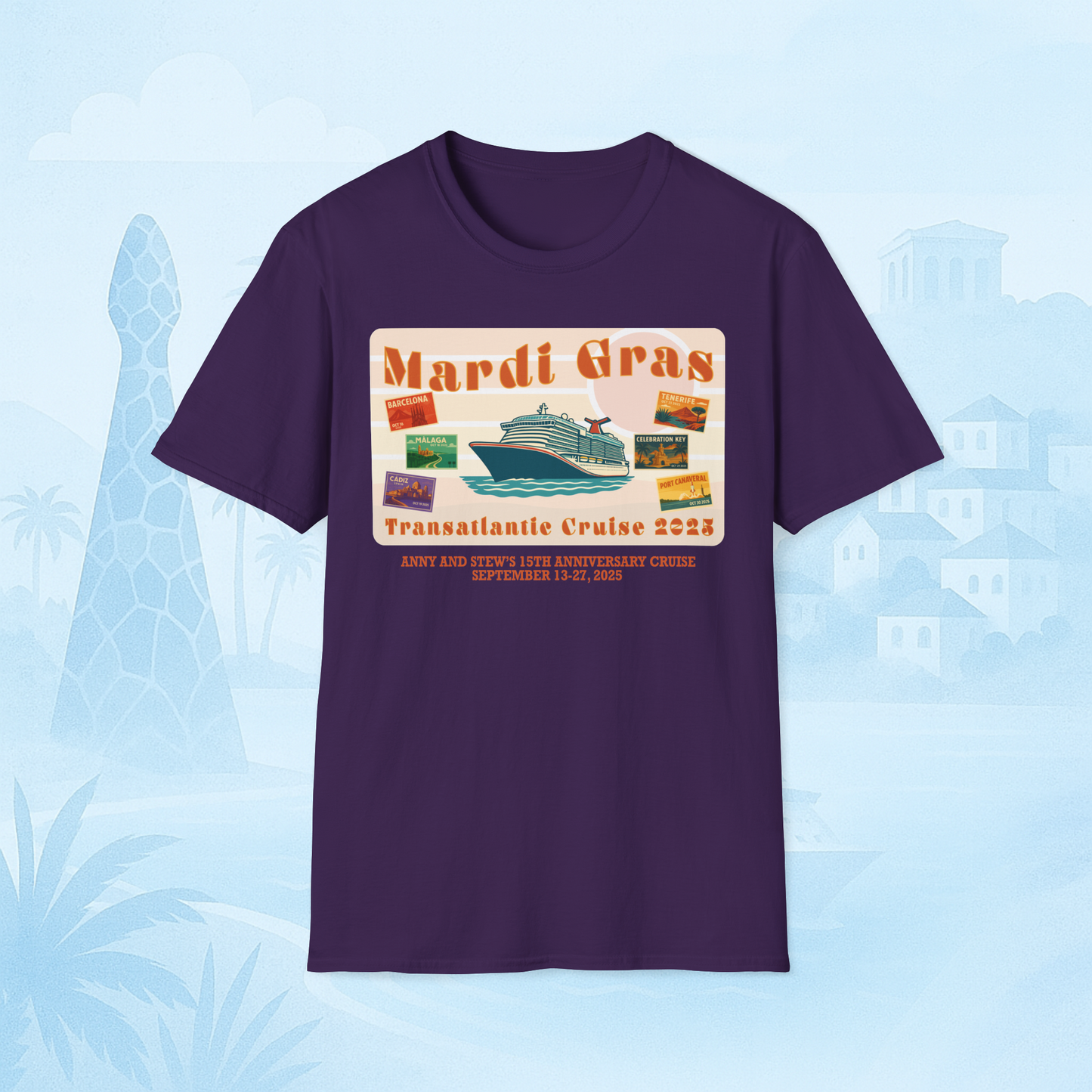 Mardi Gras Transatlantic Tee – Barcelona to Port Canaveral (Oct 16–30, 2025)