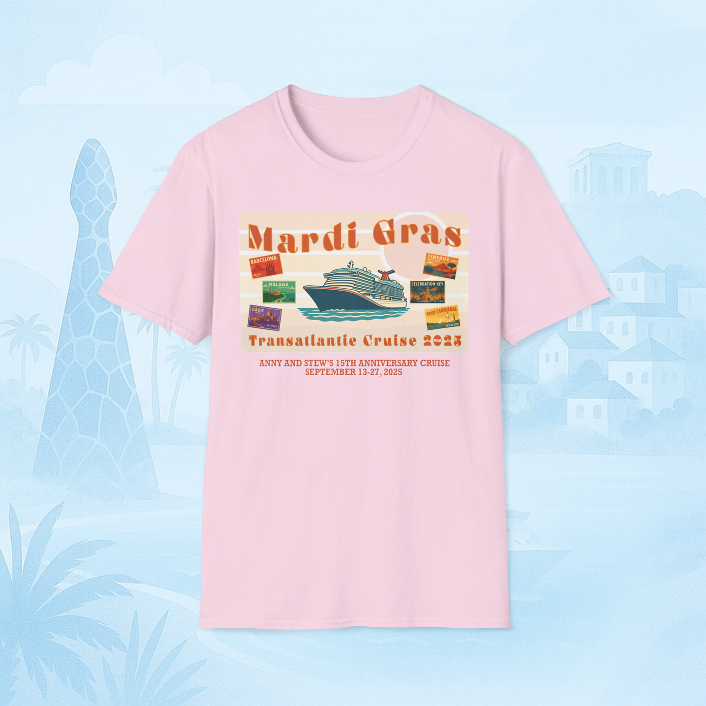 Mardi Gras Transatlantic Tee – Barcelona to Port Canaveral (Oct 16–30, 2025)
