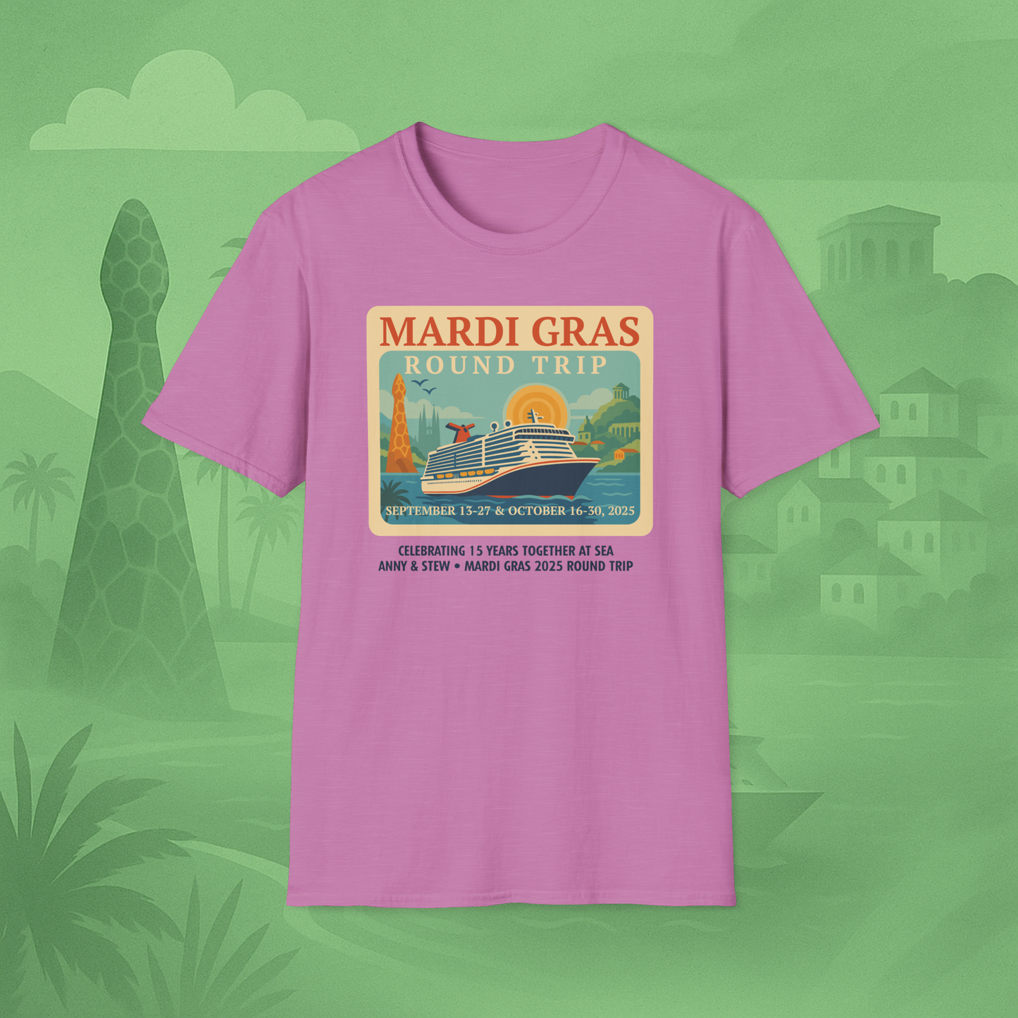 Mardi Gras Transatlantic Tee – Roundtrip (Sep 13–27 & Oct 16–30, 2025)