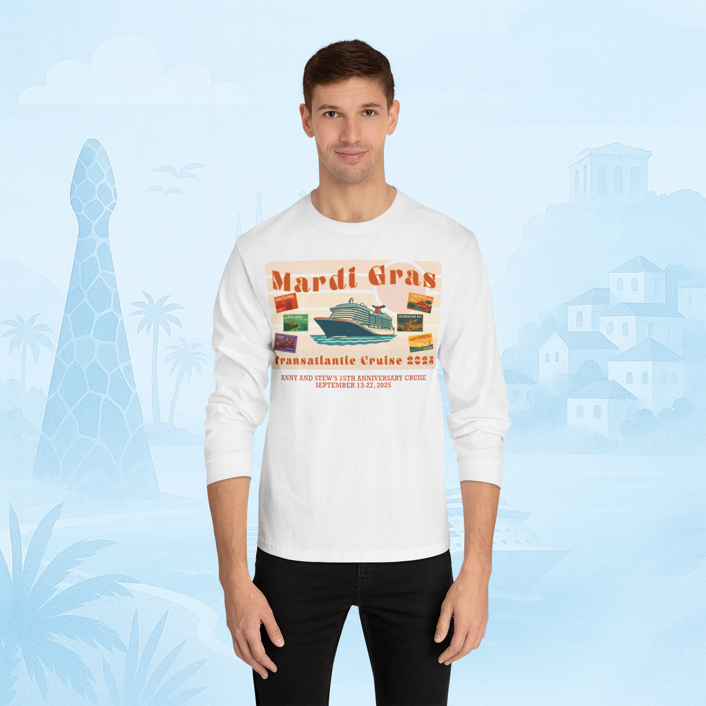Mardi Gras Transatlantic Longsleeve Tee – Barcelona to Port Canaveral (Oct 16–30, 2025)