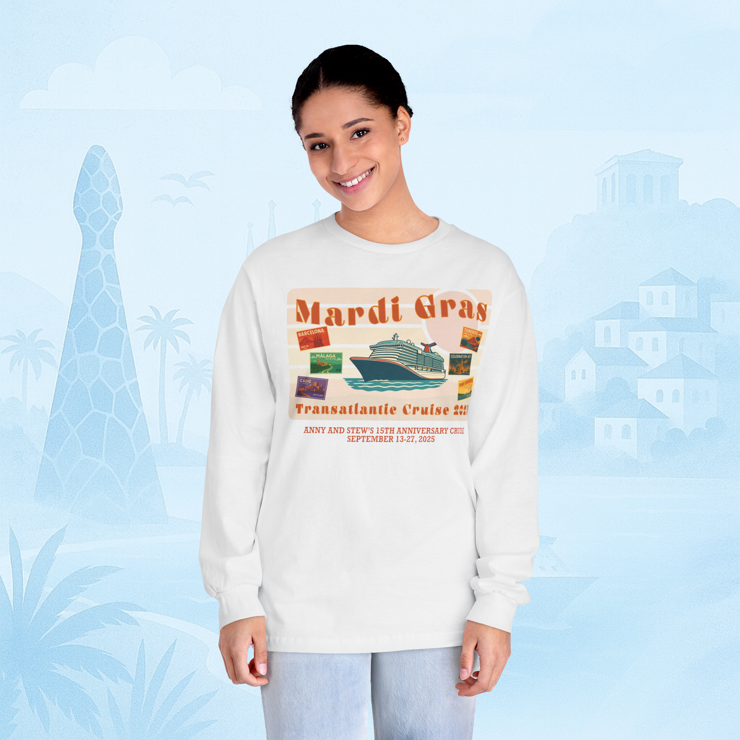 Mardi Gras Transatlantic Longsleeve Tee – Barcelona to Port Canaveral (Oct 16–30, 2025)